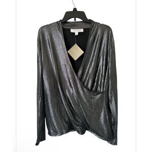 American Glamour Black Shimmer Surplice Top long sleeves Women’s Size XL X-Large